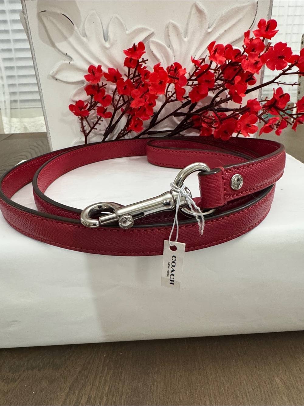 #99 COACH Red Pebbled LEATHER Dog Leash with Silver Hardware NWT *Rare*